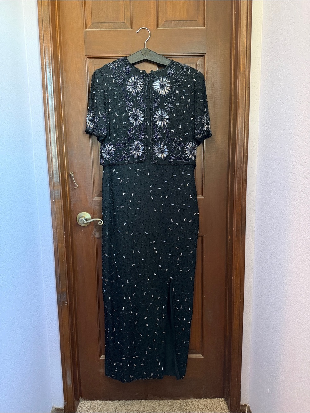 Black Beaded Floral-Embellished Evening Dress